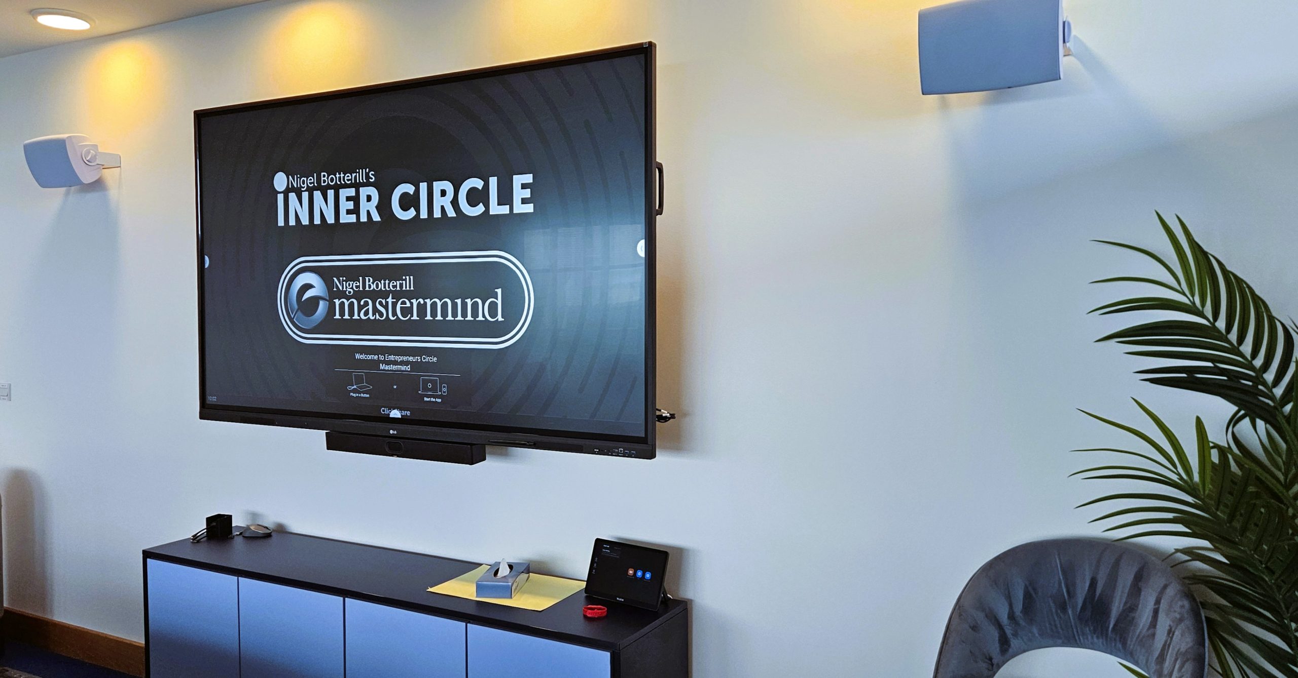 Mastermind room configured for business group sessions in office and remotely at Entrepreneurs circle